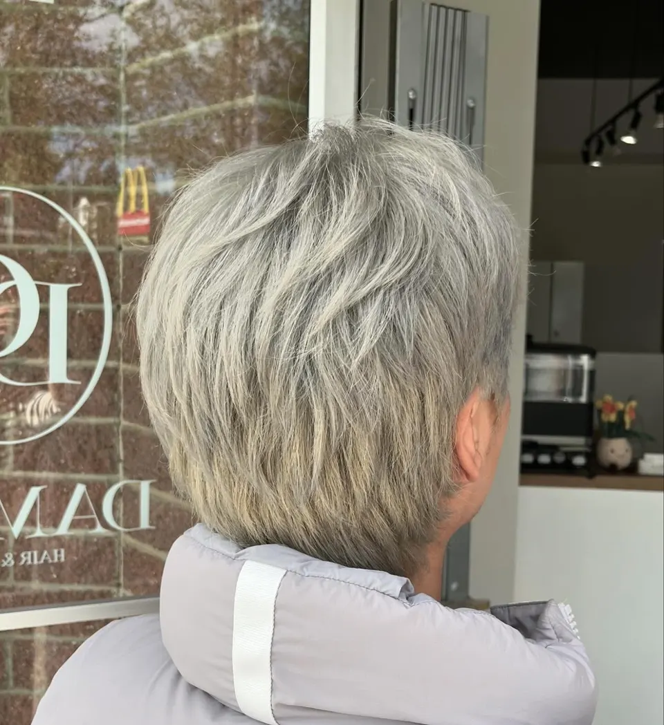 Ash grey short cut, back view