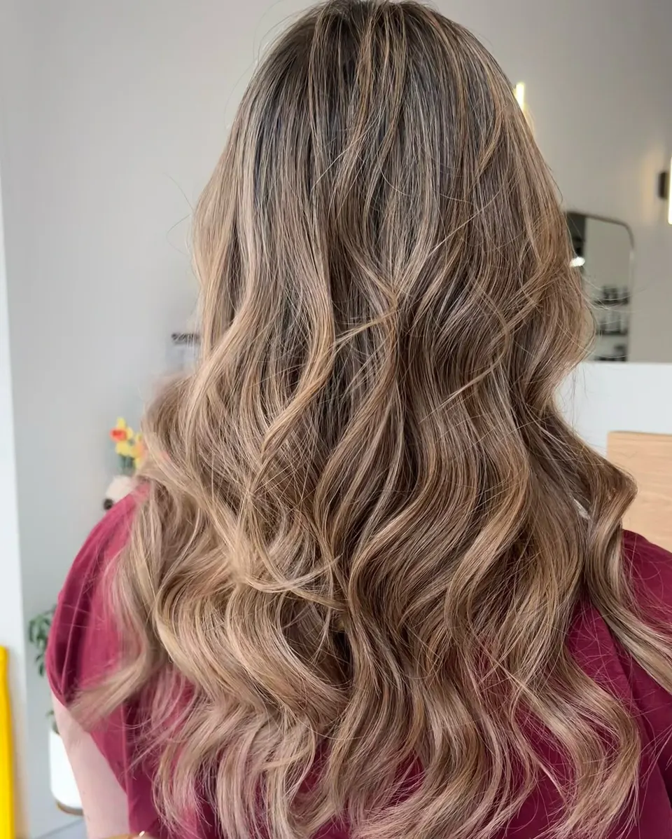 Toffee nut latte balayage with soft long waves